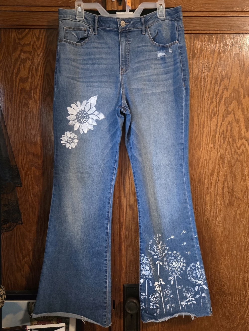 HANDCRAFTED Upcycled Denim Jeans HANDPAINTED Floral Bell Bottom Pants Size 14